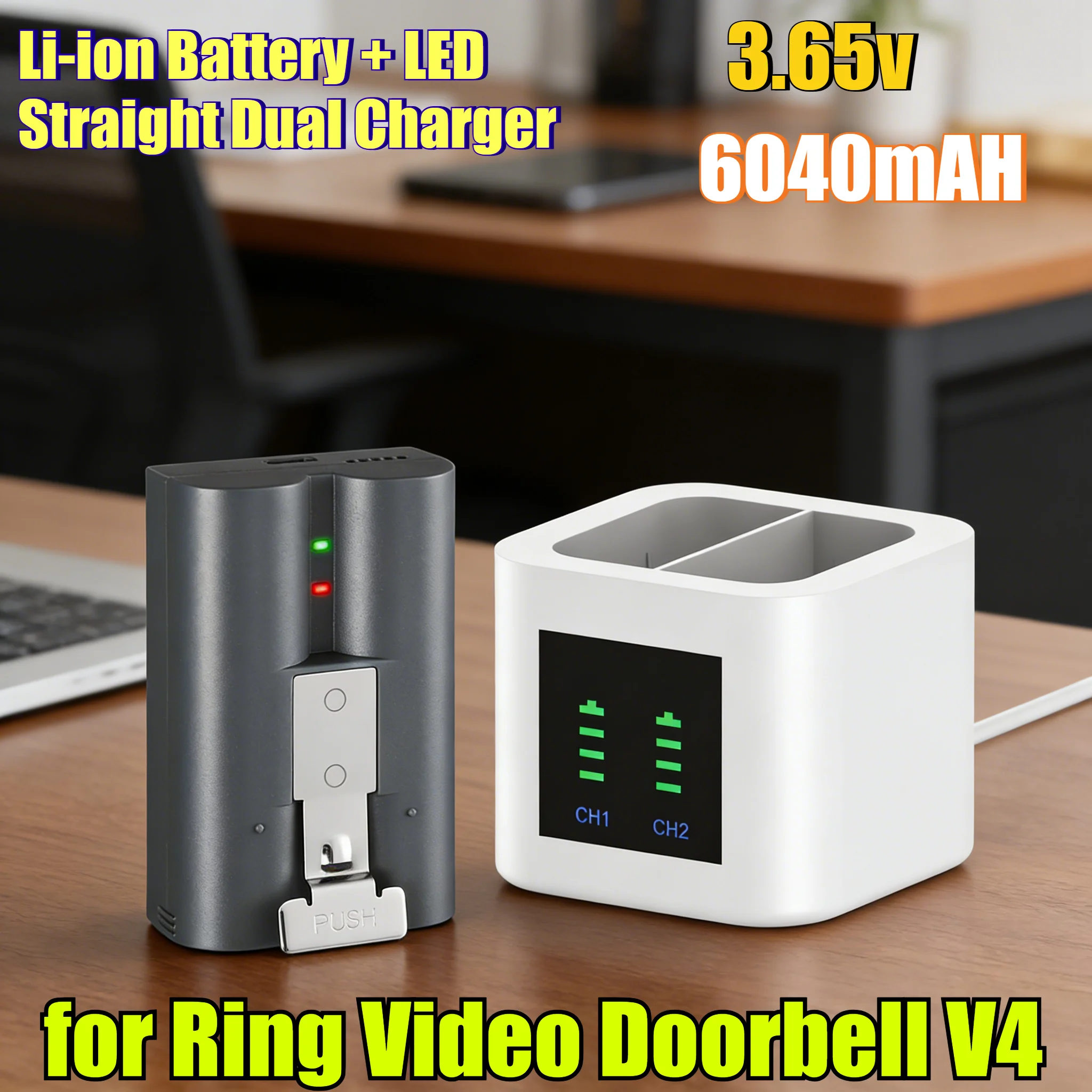 6040mAh Ultra High Capacity Li-ion Battery + LED Straight Dual Charger for Ring Video Doorbell V4 -Extended Replacement Battery