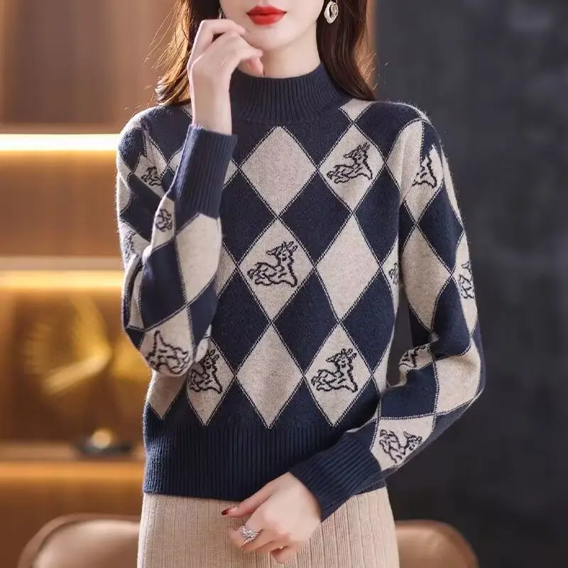 Vintage Women Half High Neck Plaid Sweater Autumn Winter Simple Jacquard Long Sleeve Korean Fashion Casual Knit Pullovers Tops