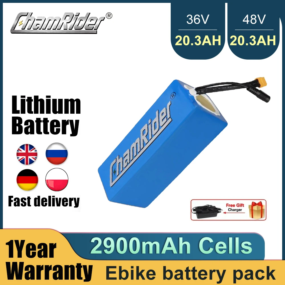 ChamRider Battery 36V Ebike 48V 20A 30A 350W 500W 750W 18650 Cell Lithium Pack For Bike Bicycle Electric Scooter Free Charger