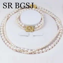 2 Row 4-5mm 8-9mm Elegant Jewelry Nearly Round Natural Freshwater White Pearl Women Choker Necklace Bracelet Wedding Set