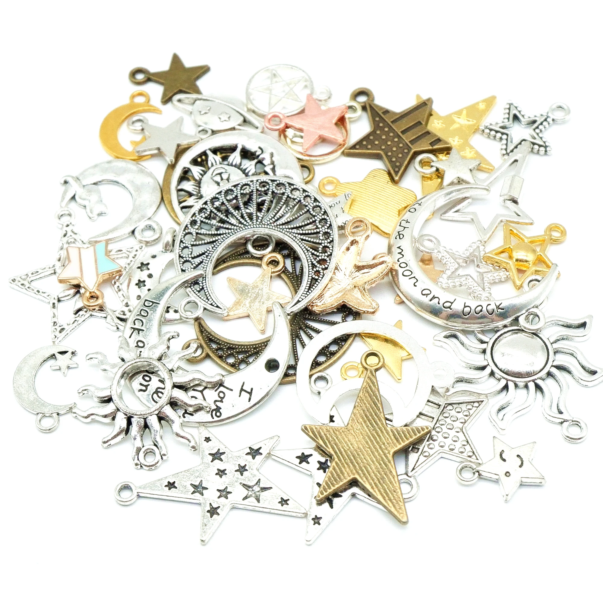 Mix 30pcs Charms Star Moon Sun Planet Mars Antique Silver Color Mixed Pendants DIY Making Findings Tibetan Handmade Jewelr