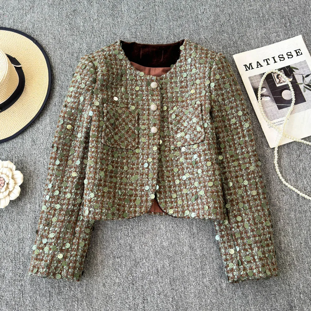 Women's Classic Autumn Winter Woven Tweed Embroidered Bead Fragrant Jacket Coats