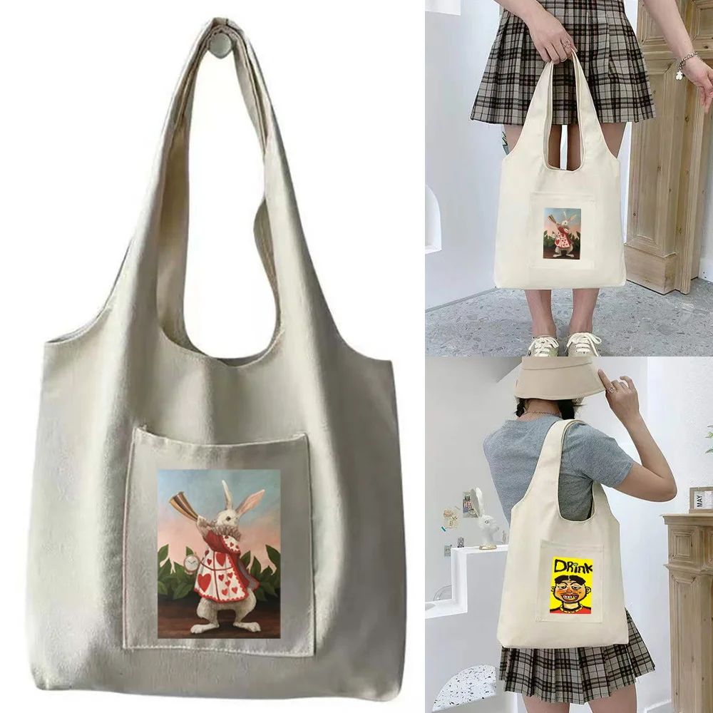 Vest-shaped Canvas Tote Bag with Front Patch Pocket for Separate Storage, Handbag for Carrying Books and Laptops During Commute