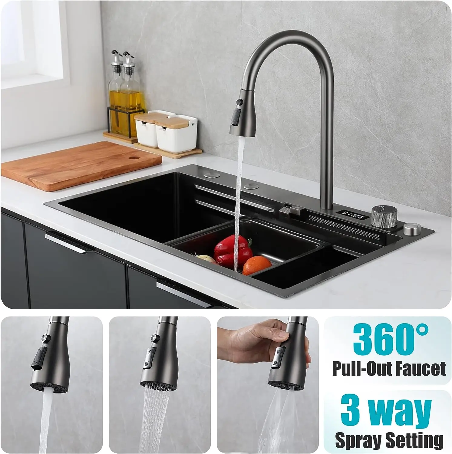 Smart Kitchen Sink Gunmetal Gray Stainless Steel Waterfall With Sprayhead Faucet 1 Bowl Drop Workstation With LED TEMP Display