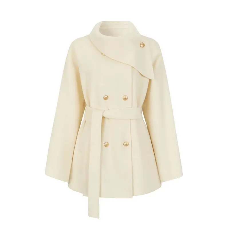 Qianjin Woolen Coat Women's 2024 Winter New Gold Buckle Thin Belt Medium Long Double sided Coat