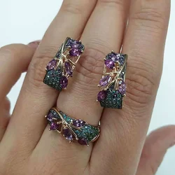 3pcs Women Luxury Leaf Animal Crystal Ring Earrings Jewelry Set Bohemian Flower Zircon Hoop Wedding