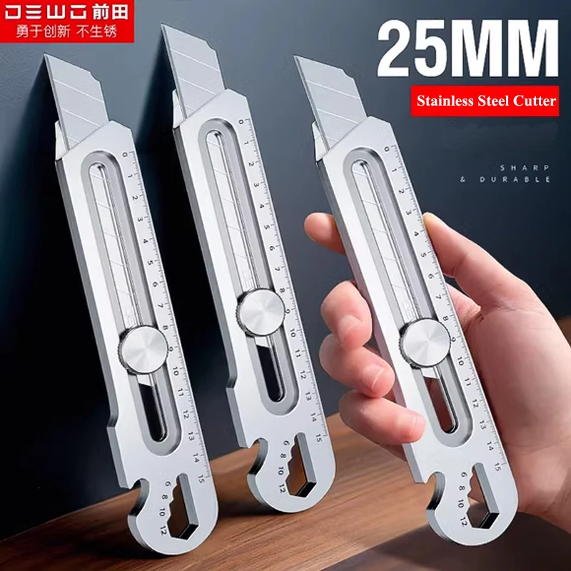 18mm/25mm 6 in 1 Multi-function Stainless Steel Metal Utility Knife,Heavy Duty Carbon Steel Box Cutter Bottle Opener Cutting