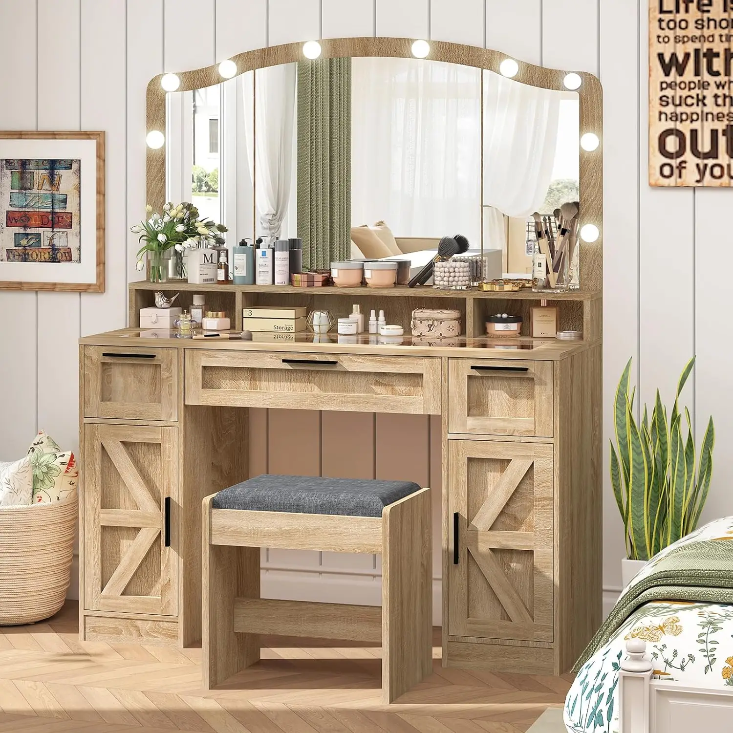 usikey Farmhouse Vanity Desk with Large Lighted Mirror and 10 Lights, 43.3