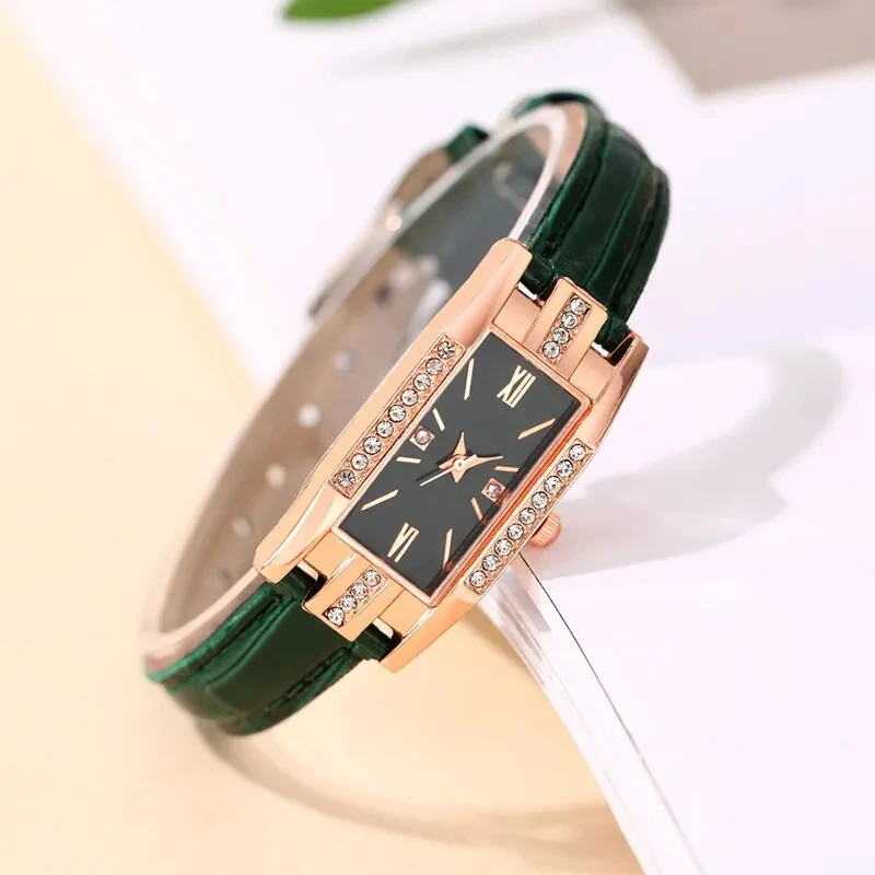 Womens Watches Fashion Square Ladies Quartz Watch Bracelet Set Green Dial Simple Leather Luxury Women Watches