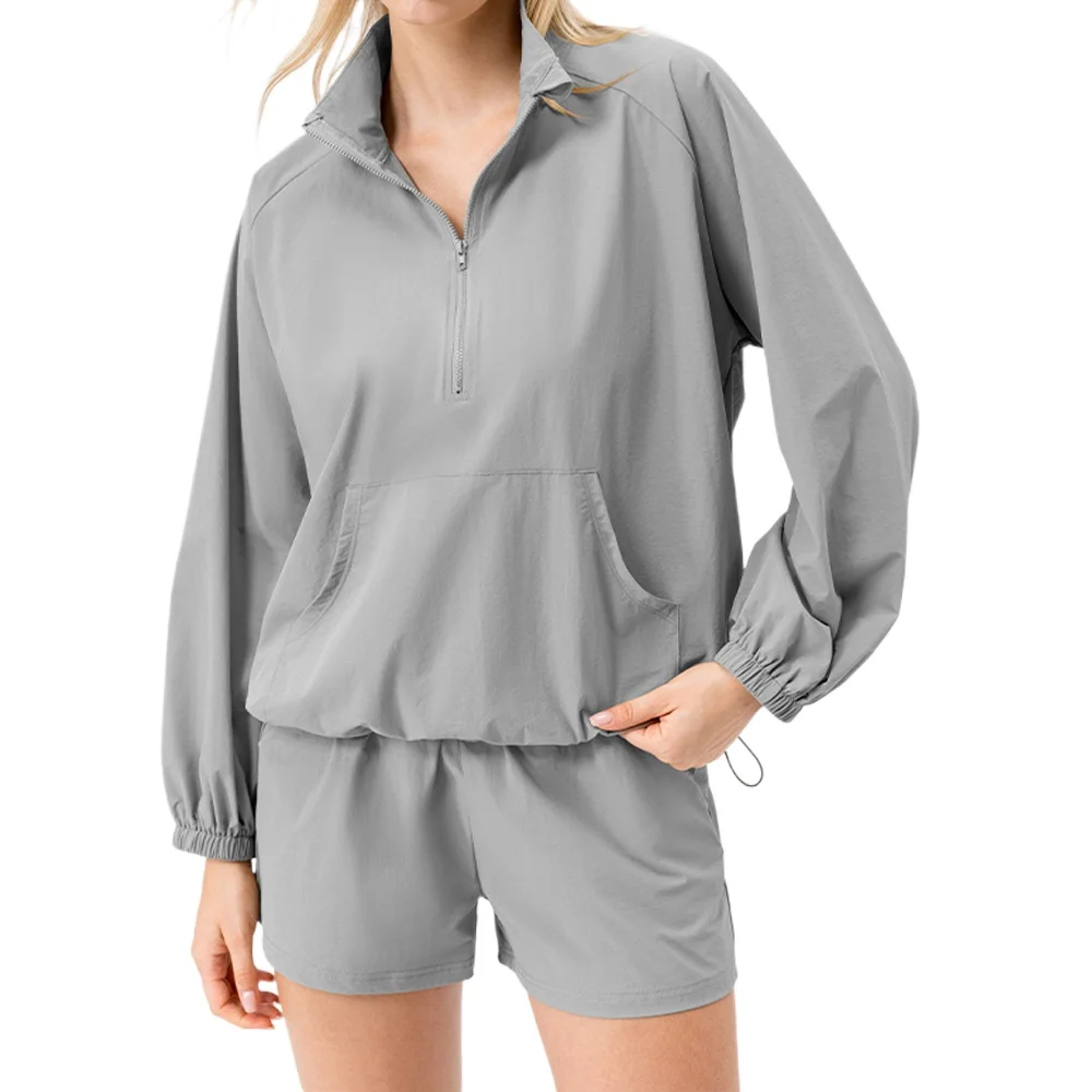 Custom LOGO Women's Spring/Autumn Sports Casual Loose Stand Neck Jacket Running Cycling Shorts Quick-Dry Fitness Two-Piece Set