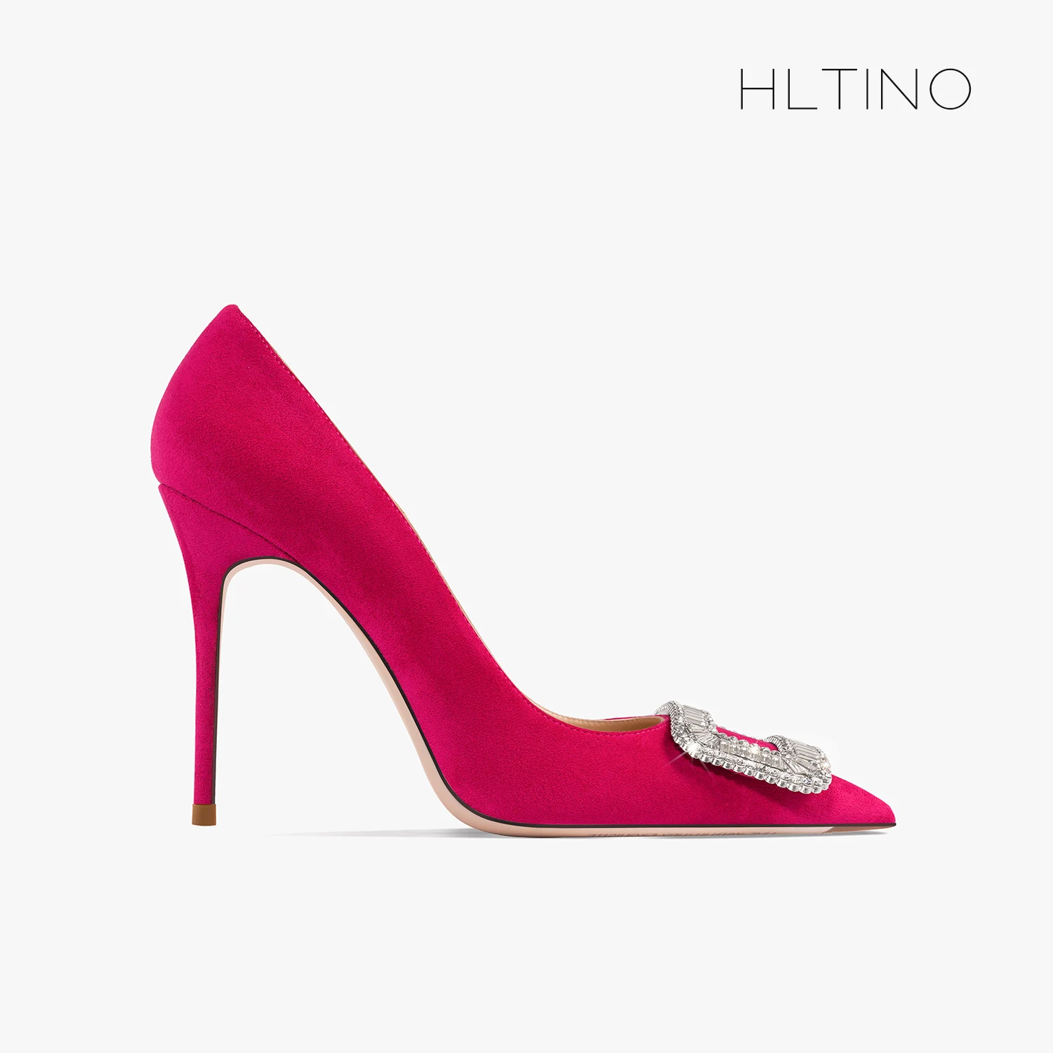 

2025 New Rose Red Suede Pointed Toe High Heels Stiletto Women's Wedding Heeled Shoes Water Diamond Square Button Bridal Shoes