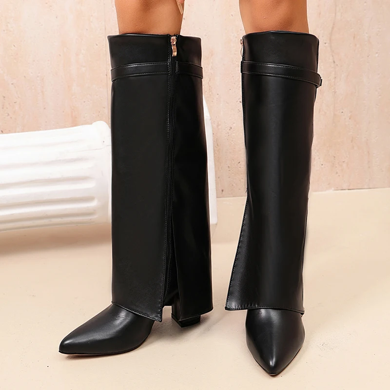 Fashion Black Pu Leather Knee High Boots Women 2026 Autumn Pointed Toe High Heel Boots Woman Plus Size 42 Side Zip Long Botas