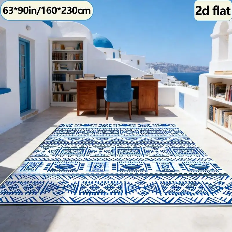 Blue Bohemian Aztec Tribal Carpet Floor Decor Mat Ethnic Style Non-Slip Carpet Indoor Decorative Floor Mat