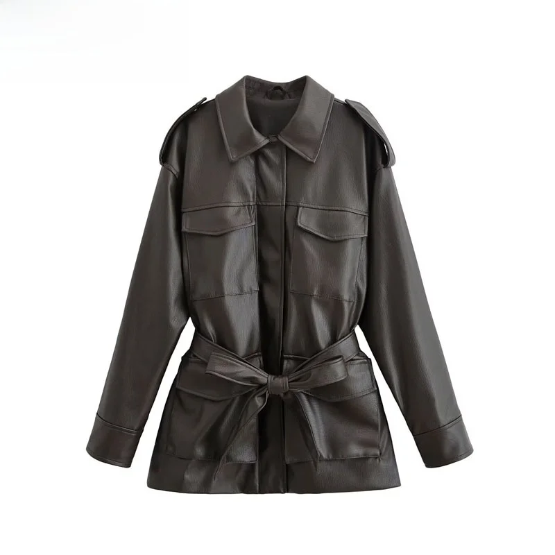 

Faionable Loose Leather Jaet Women's Autumn New Sle 2025 Wind kets Decorated Outerwear Polyester Fiber Long Sve