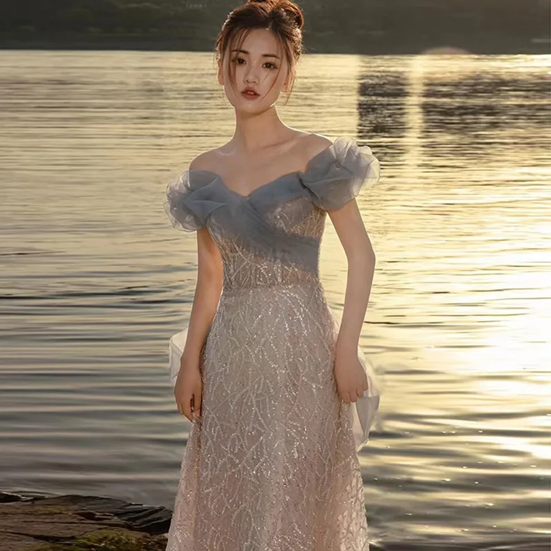 Vestido de noche con hombros descubiertos para ocasiones formales de fiesta, banquete para mujer, lentejuelas de alto sentido, tostada de nicho asequible