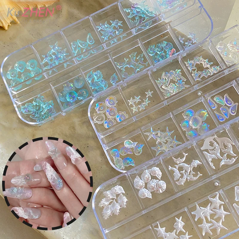 12 grilles/boîte Aurora Nail Art breloques coquille étoile de mer queue de sirène 3d Nail Art accessoires pour un Look de manucure rêve et océanique
