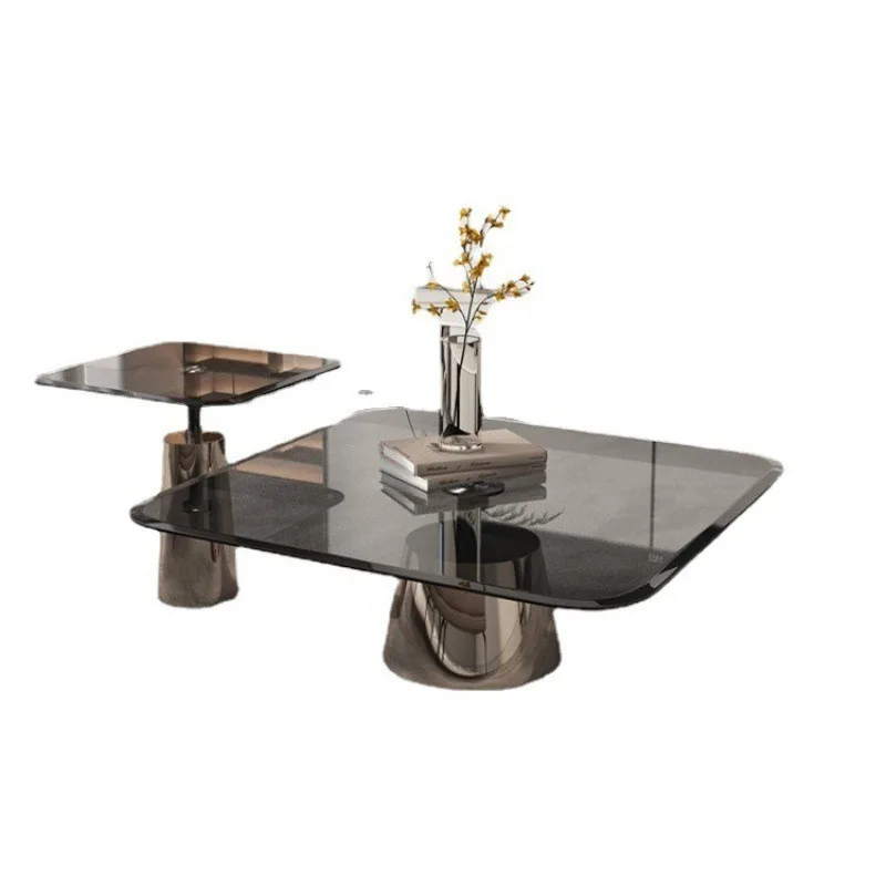 

Современный набор кофейных столиков из нержавеющей стали и стекла в стиле лайт-люкс, цвет шампань-золото, для гостиной.