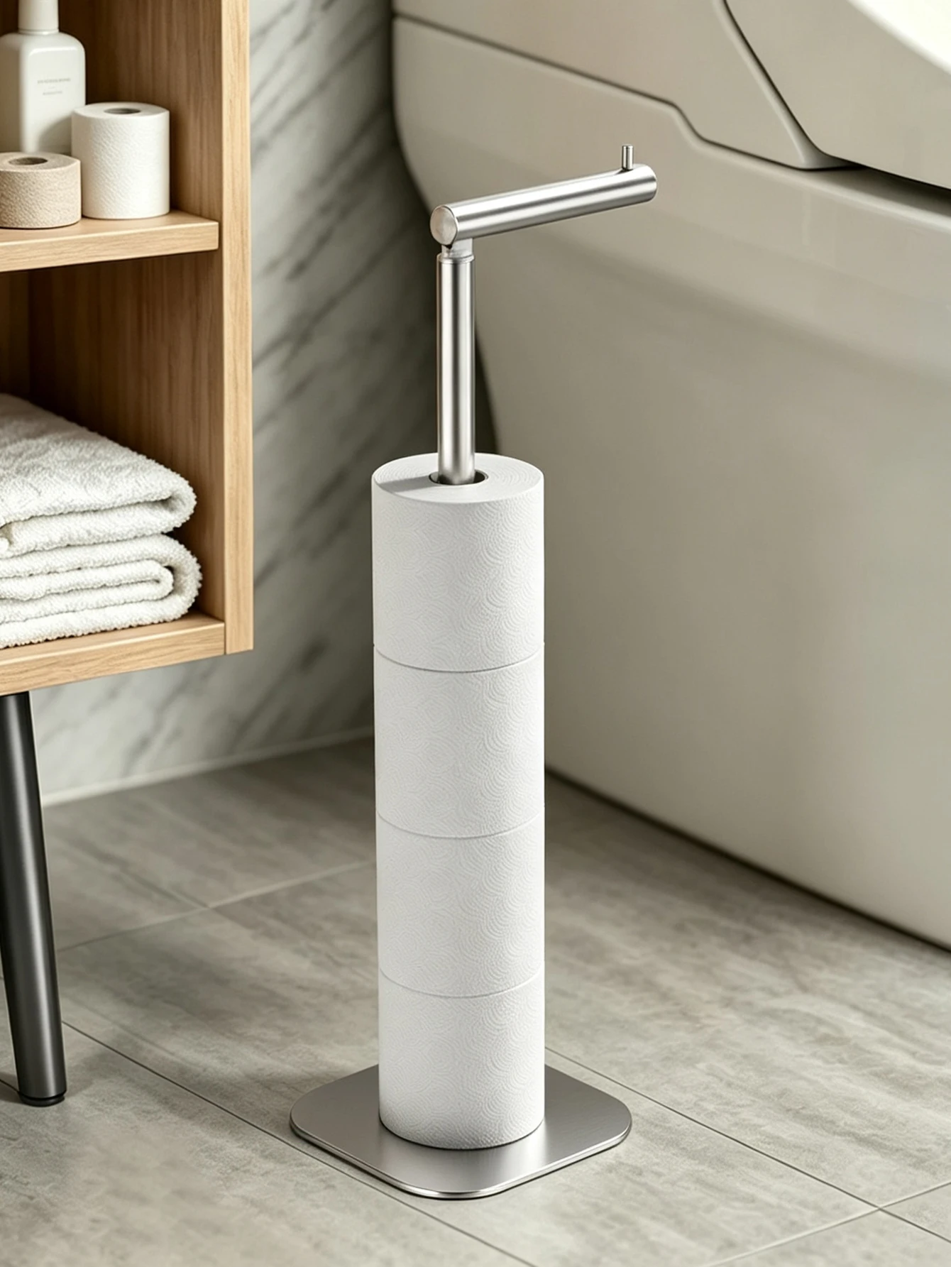 Stainless Steel Freestanding Toilet Paper Towel Holder Square Base Bathroom Tissue Roll Storage Stand for Spare Paper Rolls