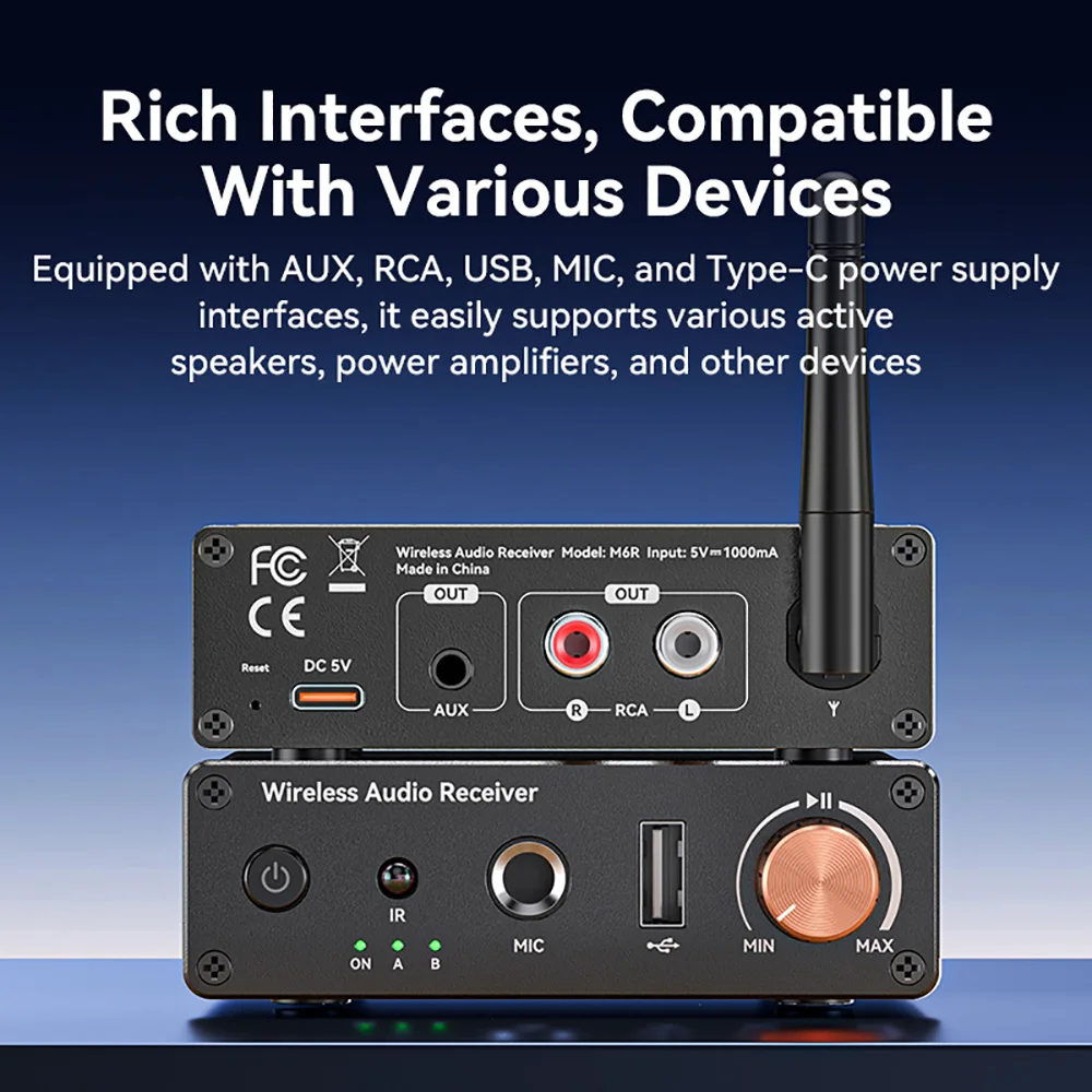 Bluetooth6.0 수신기 스테레오 낮은 대기 시간 무선 오디오 어댑터 무손실 오디오 수신기 AUX 3.5mm RCA/U-디스크/6.5MM 마이크 증폭기