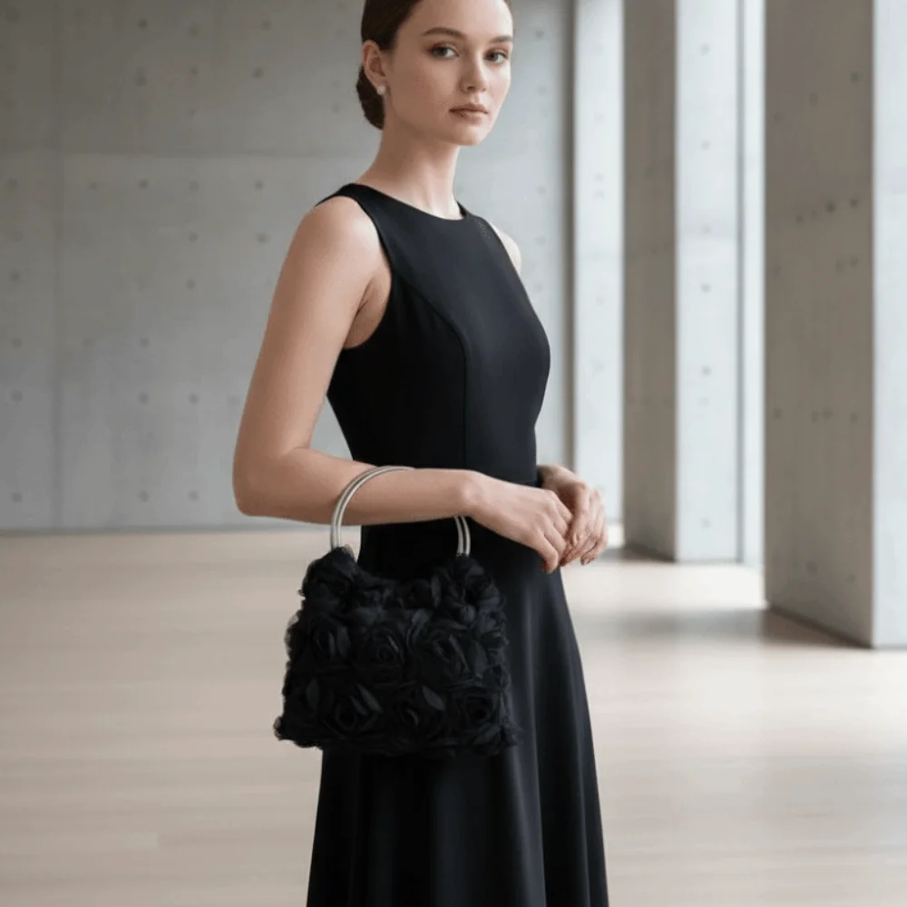Versatile Mesh Rose Clutch Bag Magnetic Button Multi-function Lady Hand-held Purse Polyester Large Capacity