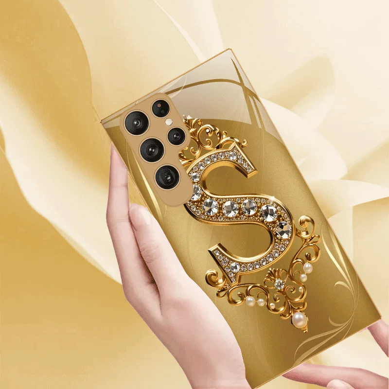 Gold luxurious letter "S" electroplated glass phone case for Samsung Galaxy S26 S25 S24 S23 S22 S20FE/Ultra/Plus anti drop Cover
