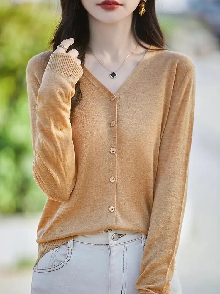 Spring V-Neck Knitted Wool Blend Long Sleeve Cardigan Women's Thin Loose Outerwear Air Conditioning Shirt UV Protection