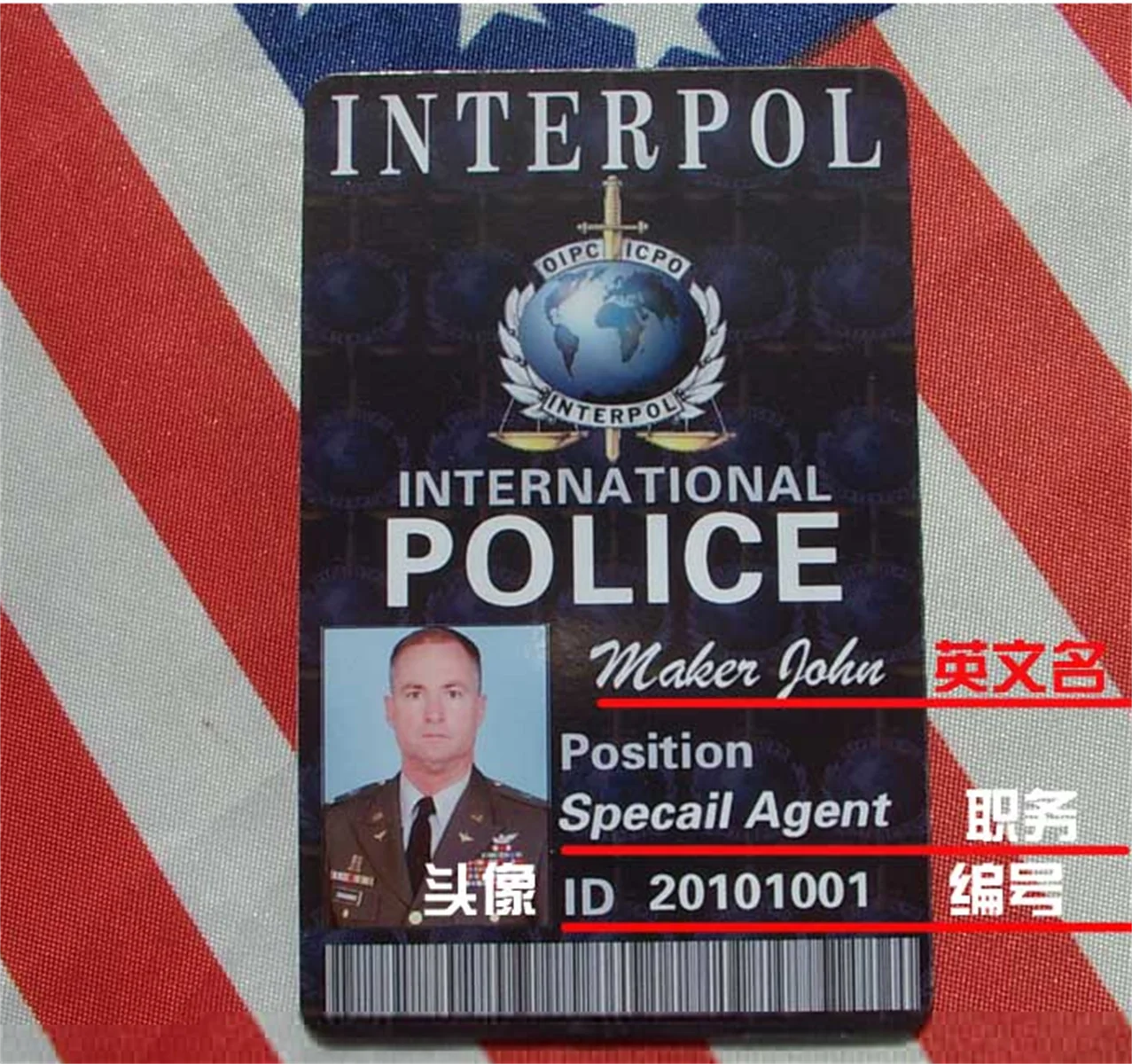 Serie TV personalizzata, carta d'identità Interpol COS, carta di oggetti di scena per film e televisori