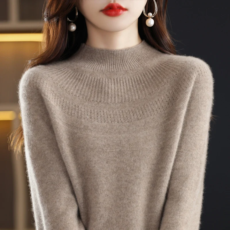 Autumn and winter 100% wool single-line ready-to-wear hollow women\'s pullover O-neck cashmere sweater knitted solid color