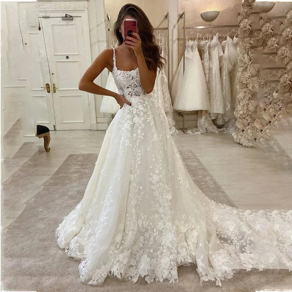 

MYYBLE Lace Appliques Long Wedding Dresses Spaghetti Straps Square Neck Boho Country Wedding Bride Gown Open Back Customer Made