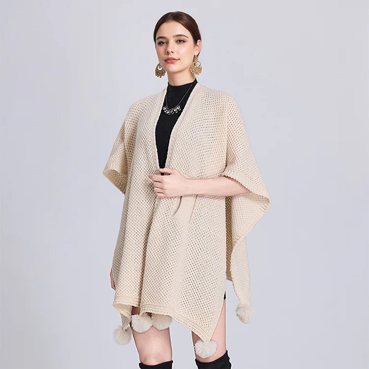 

Knitted shawl autumn winter Poncho new product simple style hollowed out cape ball cardigan women's outerwear cloak