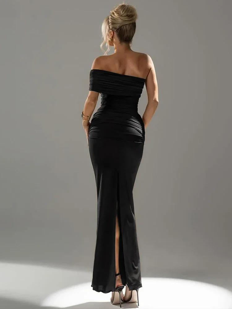 Leosoxs Slash Neck Dress Women Y2K Elegant Summer Classic Ruched Behind Split One Shoulder Simple Birthday Party Maxi Bodycon