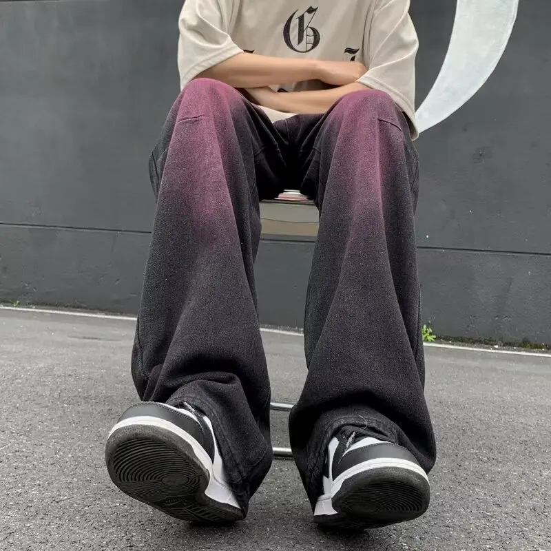 

Мужские весенне-осенние джинсовые джинсы с эффектом омбре, повседневные прямые брюки, свободный крой, цветная блузка, удобные прямые брюки...