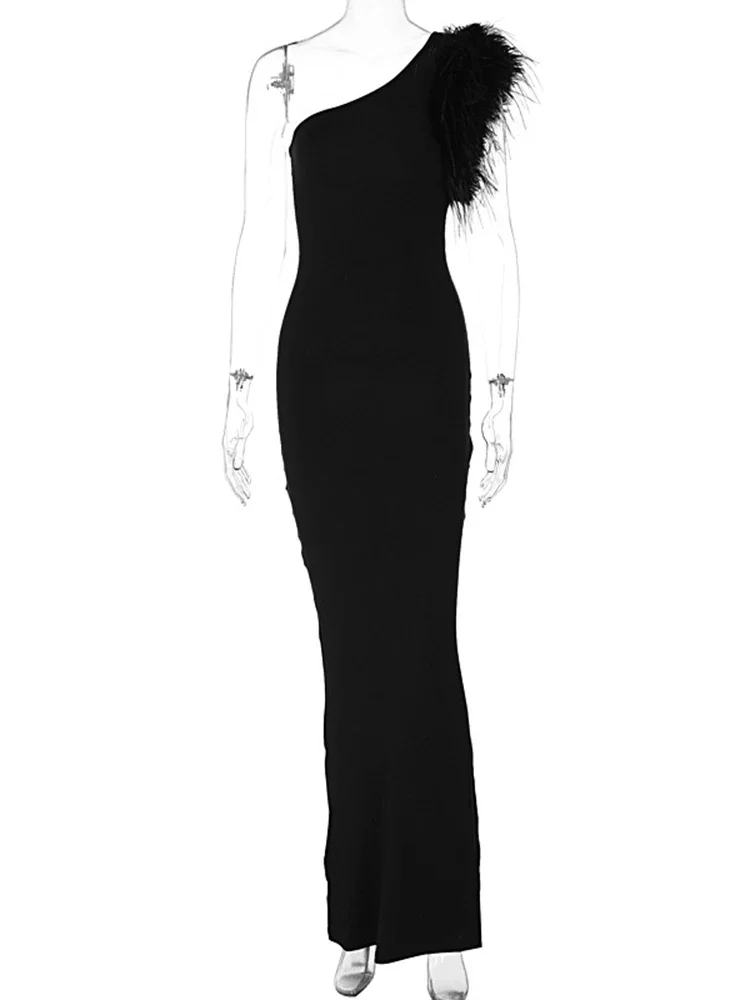 black one shoulder dress with feathers Long one-shoulder stretch cady dress with feathered neckline