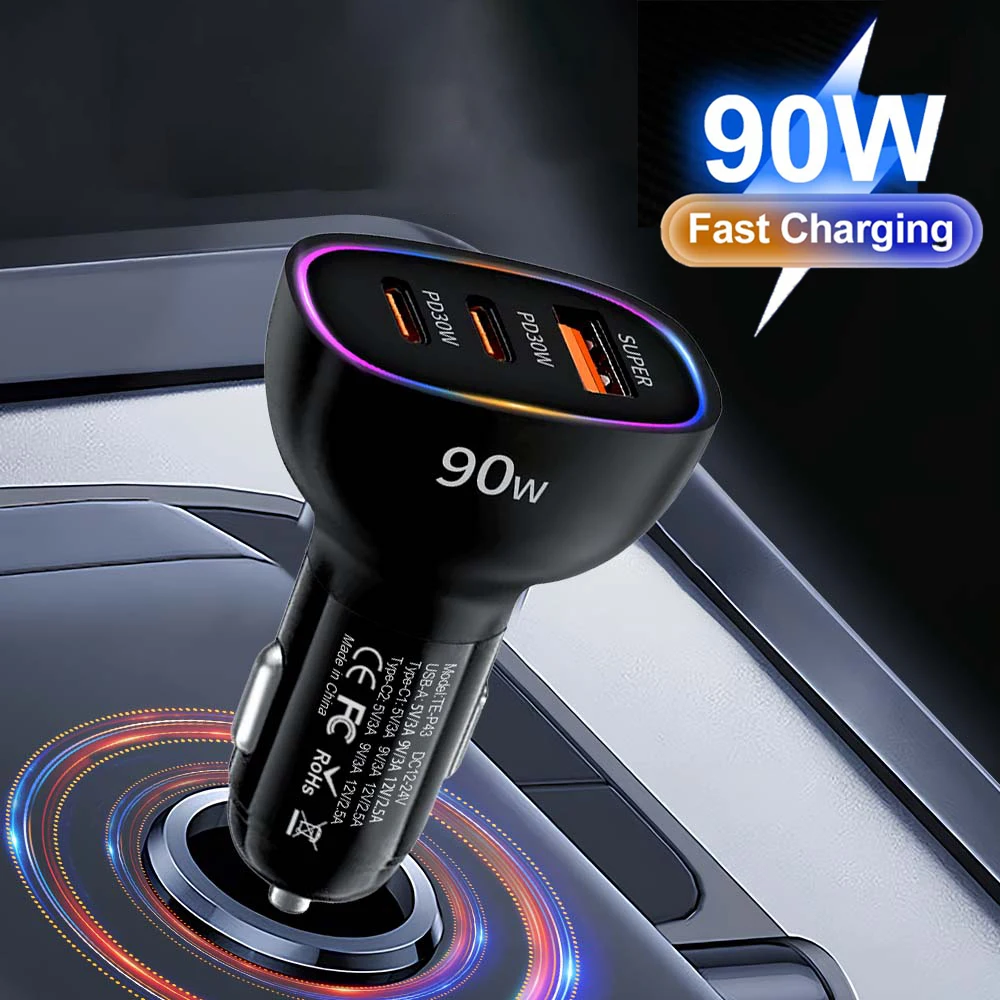 

90W USB Car Charger 3 Ports Dual PD30W QC3.0 Super Fast Charging Power Adapter Universal Car Phone Charger For iPhone 17 16 Pro