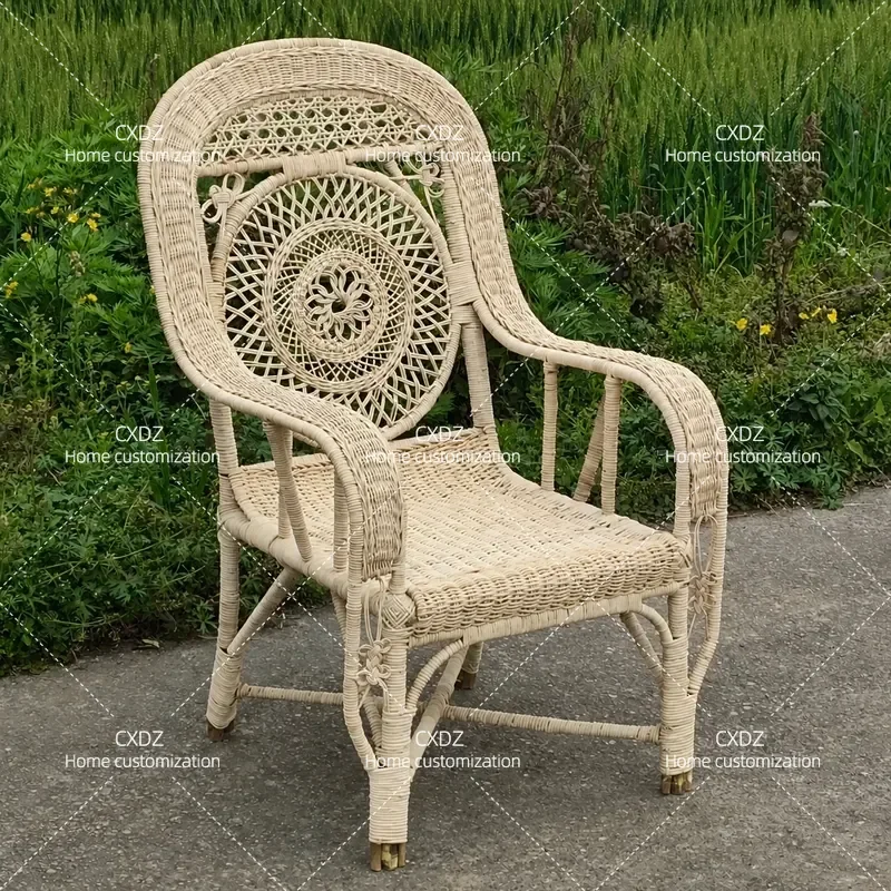 Rattan Chair Natural Hand Woven Retro Balcony Sofa Single Vintage Casual Wicker Seat Lounge Armchair