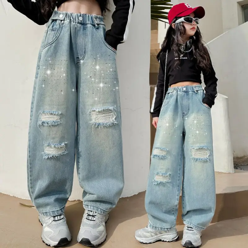 Girls Jeans For Kids Broken Denim Wide Leg Pants Girls High Waist Loose Casual Style Children's Clothing Spring Autumn Trousers