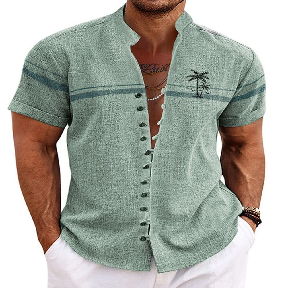 

2025 new men's linen short sleeved shirt, fashionable retro style, ethnic pattern print, comfortable and breathable men's plus s