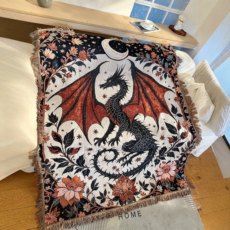 

Вязаный плед для дивана с художественным дизайном красного дракона в средневековом стиле, из смешанного волокна, прямоугольный, китайский, для нового дома, текстиль для стен