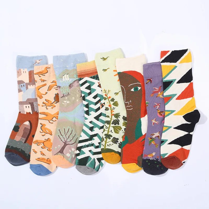 French Oil Paiting Women Socks Cotton Fashion Casual Abstract Harajuku Street Hip Hop Girls Funny Skateboard Colorful Happy Sox