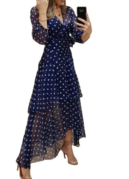 Women's Dress Elegant Fresh Sweet Polka Dot Print Asymmetrical Layered V-neck Long Sleeve Tie Details High Waist Slim Maxi Dress