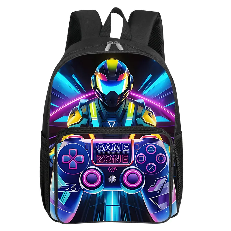 Character Game Console Pattern Square Front Pocket Backpack for Boy and Girls Best Gifts 2D Flat Cartoon SchoolBags for Children