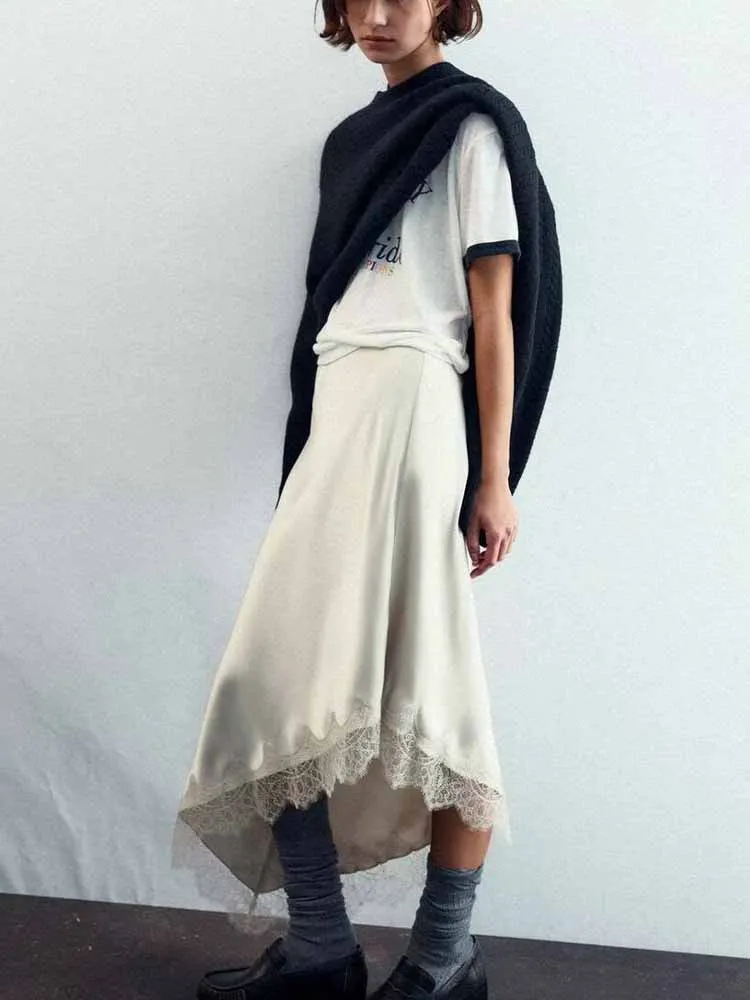 

European and American style winter new fashion women's clothing lace patchwork silk satin texture skirt high waist midi skirt