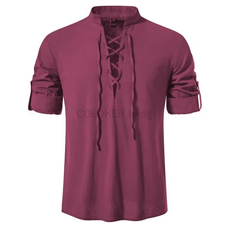 Camisa renacentista verde caqui para hombre, Top Medieval pirata para hombre, camisas de lino y algodón, disfraz de Halloween de manga larga para hombre