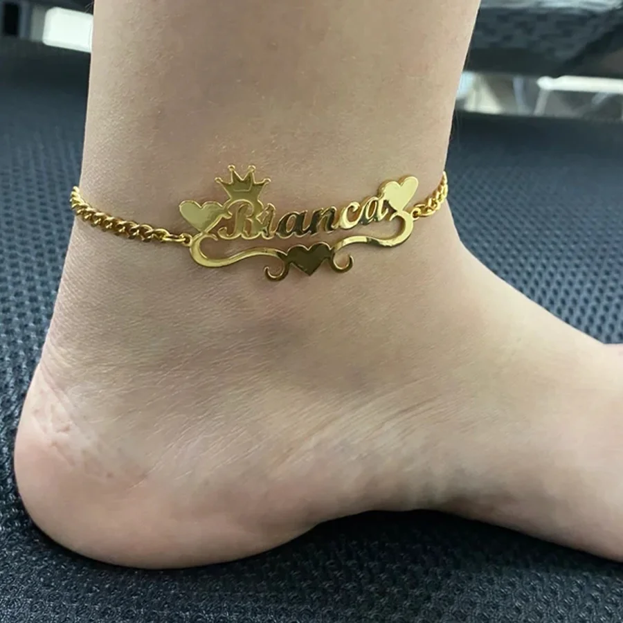 1 Pcs Custom Crown Name Heart Anklet Women Summer Beach Vacation Personalized Stainless steel Cuban Chain Jewelry Accessories