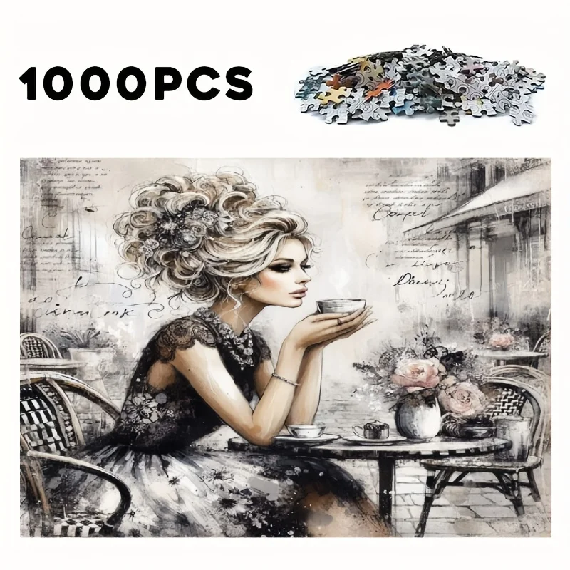 1000ピース ジグソーパズル - エレガントな女性と花柄のテーブルシーンを描いたヴィンテージティーパーティー、厚紙の難しいパズル（大人向け）