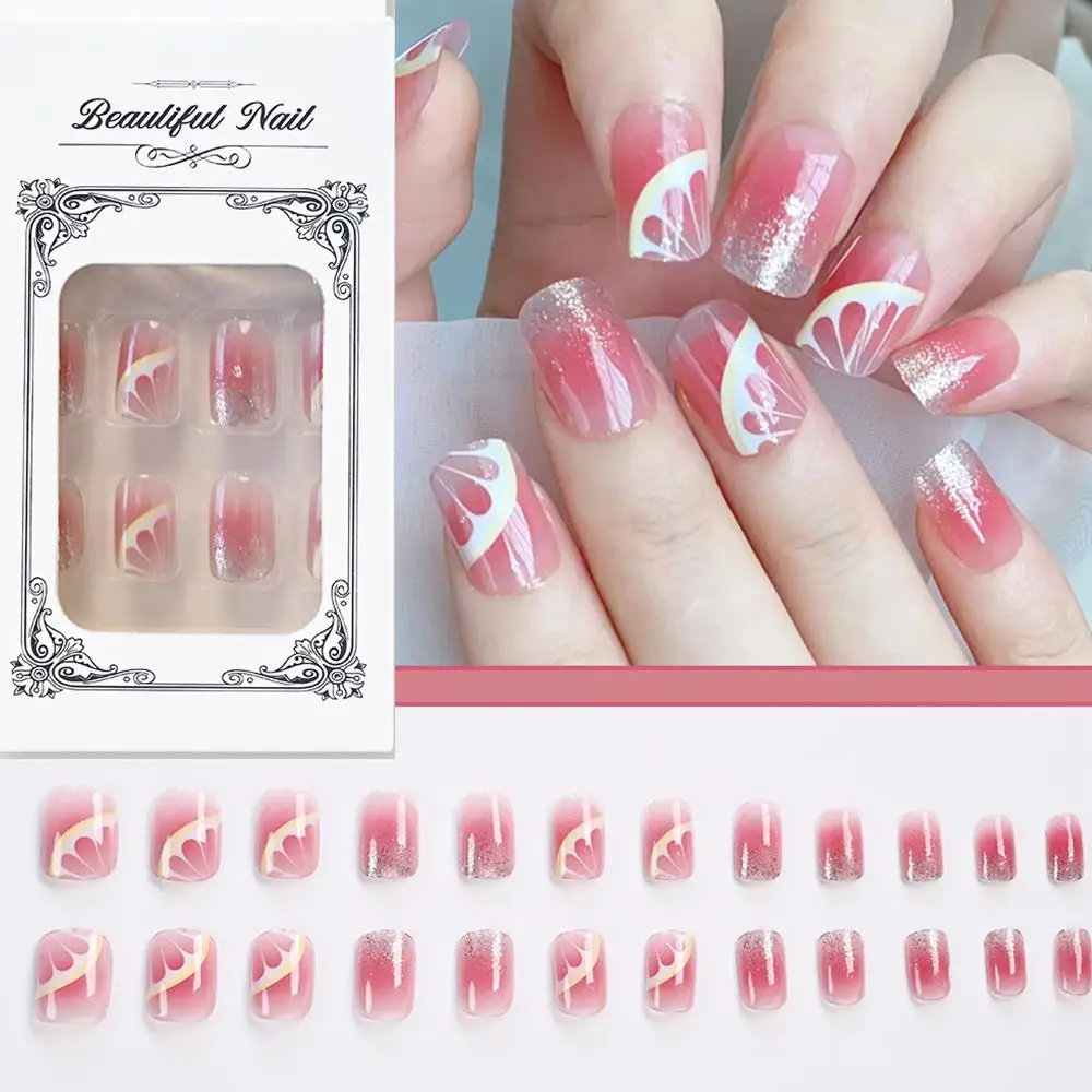 24 unids/caja colorete rosa degradado prensa en uñas diseño de rodajas de limón uñas postizas cuadradas cortas puntas de uñas postizas simples y duraderas *