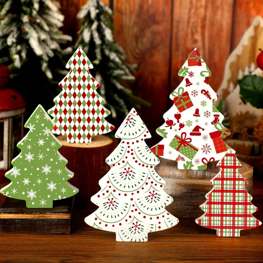 5 Pcs Christmas Table Decoration Wooden Xmas Tree Tiered Tray Decor Centerpiece Gift Box Indoor Christmas Tree for Shelf Mante