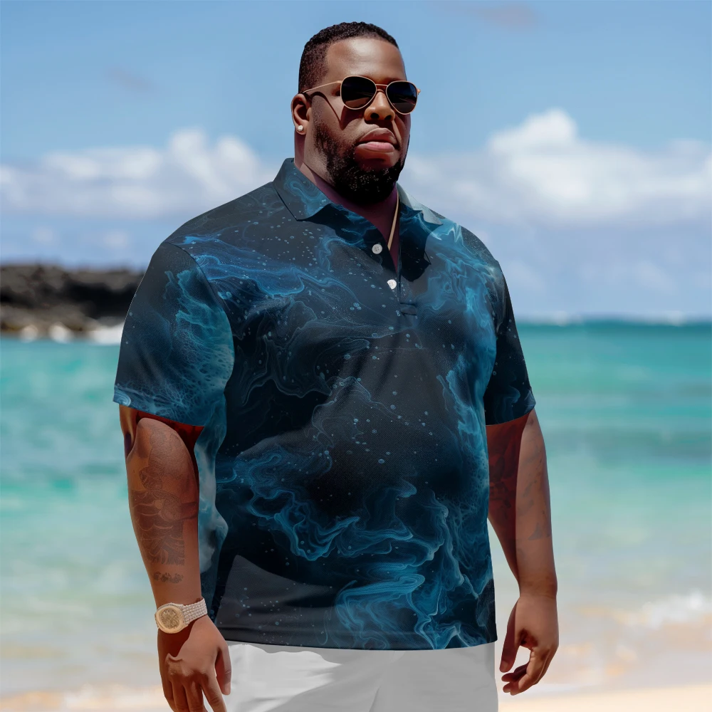 

1 men's plus size polo shirt with summer blue starry sky print casual lapel button suitable for beach, shopping, golf