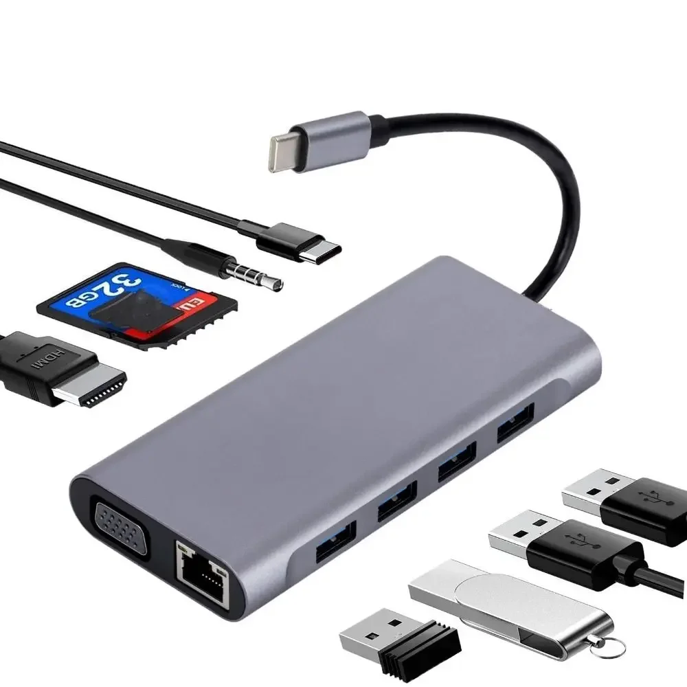 USB To hdtv Type-c Docking Station VGA+PD Rj45 Silver Grey Usb-c Docking Station 11 in 1 RJ45 Connector DP Alt Mode