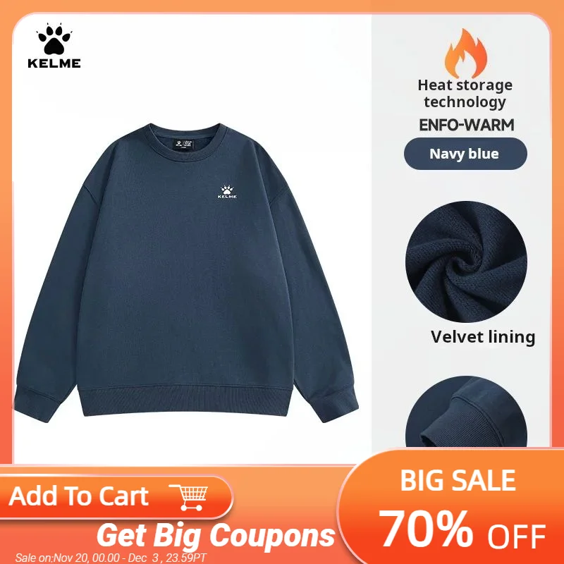 

Kelme Fleece Hoodie Autumn New Round Neck Solid Color Long Sleeved T-shirt Top Men's Casual Sportswear